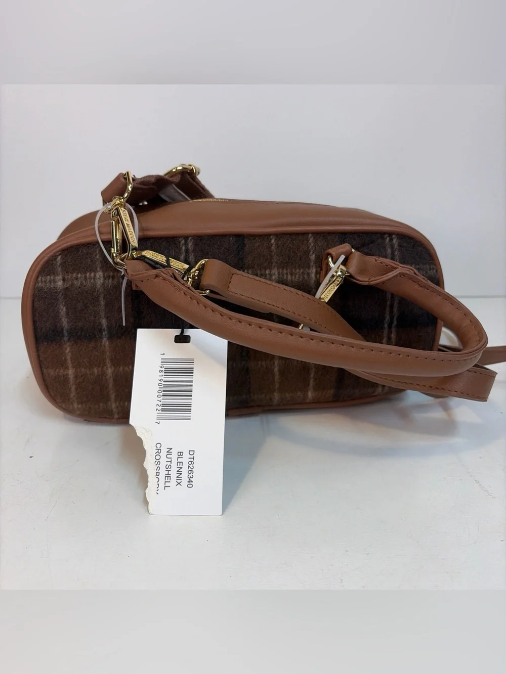 Steve Madden Brown Plaid Blennix Nutshell Crossbody Bag Tassel Dog Charm Fall